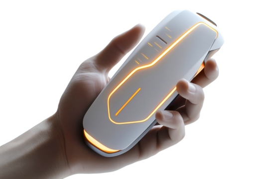 Hand Holding a Futuristic LED-Enhanced Remote Control with Orange Glowing Lights