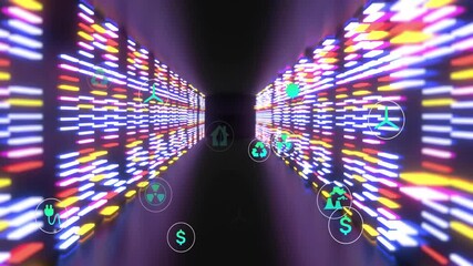 Animating futuristic digital tunnel converging in 3D render, showcasing floating green energy icons - Powered by Adobe