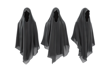 Three Black Hooded Figures In Various Poses Isolated On Transparent Background The Figures Are Faceless And Mysterious Representing A Sense Of Anonymity Or The Unknown