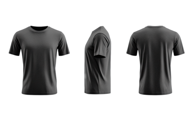 Mockup Of A Black T-shirt With Short Sleeves And A Crew Neck In Three Views Front Side And Back The Shirt Is Isolated On A Transparent Background