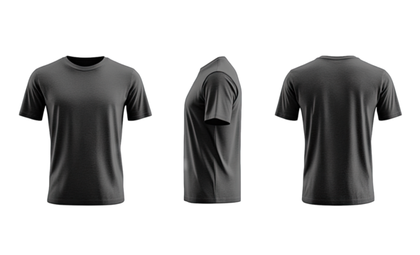 Mockup Of A Black T-shirt With Short Sleeves And A Crew Neck In Three Views Front Side And Back The Shirt Is Isolated On A Transparent Background