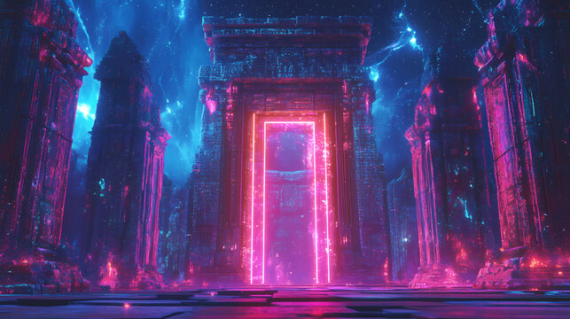 Mysterious ancient ruins with neon accents. [neon folklore] | electric spirits | charged legends. illustration. [Neon Folklore] | GlowMyth Echo | bright fable. Illustration