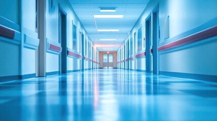Obraz premium Empty Hospital Corridor with Blue Walls and Red Handrails
