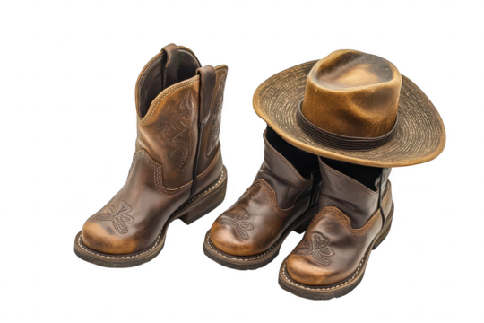 Brown leather cowboy boots and distressed western hat set side by side isolated on a transparent background