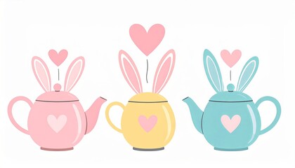 Obraz premium Whimsical Bunny-Eared Teapots with Hearts in Pastel Style for Cute Tea-Themed Designs