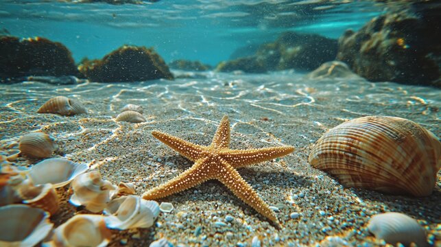 A sandy seabed with starfish and seashells