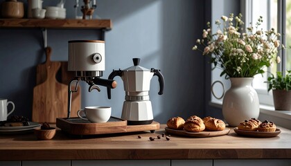Cozy Morning Coffee Setup with Muffins in a Bright Kitchen

