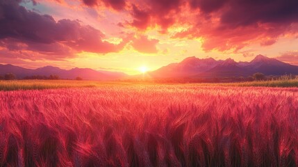 Vibrant sunset over a field of pink wheat