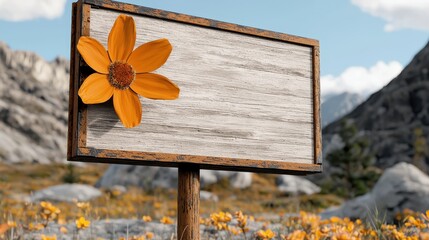 Blank Rustic Wooden Sign with Orange Flower in Mountain Landscape