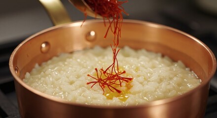 Adding Saffron to Rice in Copper Pot Cooking Delicious Food