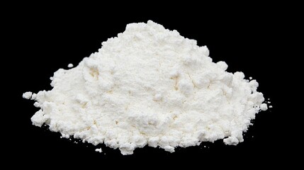Pile of white flour isolated on black background.