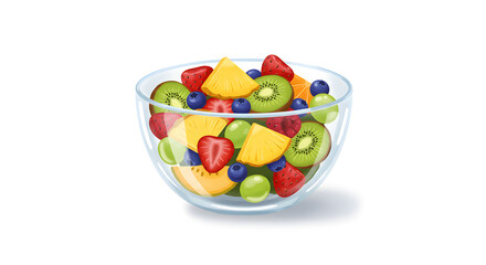A colorful fruit salad served in a glass bowl. Refreshing mix of seasonal fruits