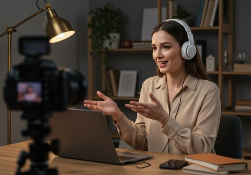 Female vlogger or business coach recording a video, hosting a webinar, or leading an online course from her home office, representing content creation and e-learning.