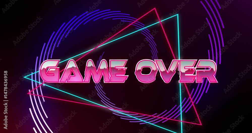 Poster neon game over text glowing center on dark gradient backdrop with intersecting triangles and arcs