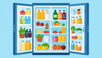 Organized Refrigerator Full of Fresh Juices, Milk, and Produce &ndash; Clean and Healthy Food Storage Concept

