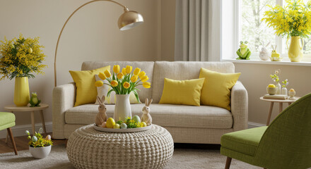 Cheerful Spring Decor: Sunny Yellow Tulips & Easter Bunnies Brighten a Cozy Living Room!