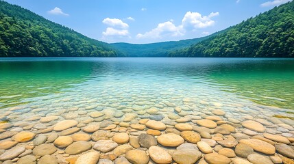 Serene lake with clear water and stones