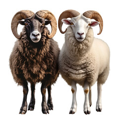 Fototapeta premium Black and White Rams with Curved Horns Isolated on Transparent Background – High-Resolution Livestock Image