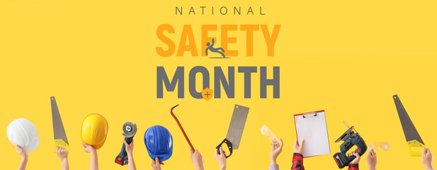 Many hands with construction tools and hardhats on yellow background