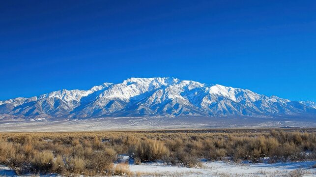 A snow-covered mountain range under a clear blue sky