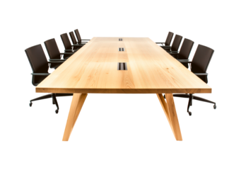 Modern conference room setup with a large wooden table and ergonomic chairs isolated on transparent background