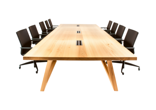 Modern conference room setup with a large wooden table and ergonomic chairs isolated on transparent background