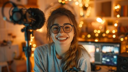 Obraz premium Young woman blogger recording online course or workshop for followers, chatting via webcam at home with wireless high-speed internet connection