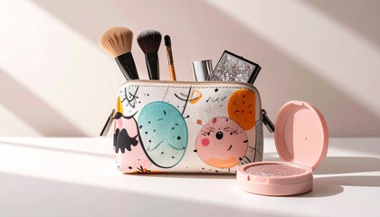 Elegant makeup bag filled with cosmetic brushes and accessories placed on a wooden table with soft bokeh lights in the background &mdash; ideal for beauty, skincare, and fashion lifestyle content

