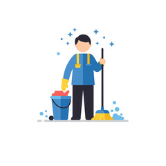 Fototapeta premium Janitor Cleaning Icon. Vector Illustration. Broom and Bucket. Bright Environment. Summer Job, Work concept. Employment, Career, Cleaning Services, Maintenance