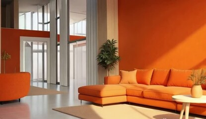 2025 color trend in minimalist living area, coordinated wall, sofa, 3D