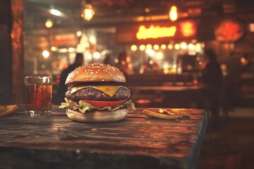 Mouthwatering hamburger with cheddar cheese placed on rustic wooden table in busy restaurant, with warm lighting creating inviting ambiance