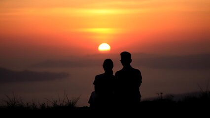 Couple's Silhouette Overlooking a Misty Sunrise