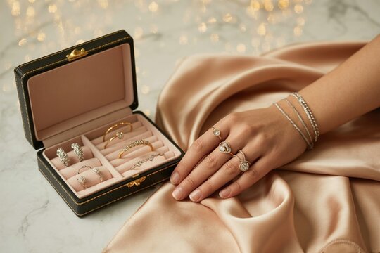 Elegant woman's hand with fine jewelry, including rings and bracelets, resting on silk next to her luxury collection in a jewelry box.