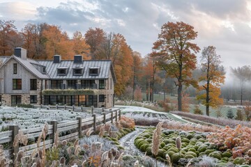 A rustic house surrounded by frosty gardens and autumn trees in a peaceful countryside landscape.