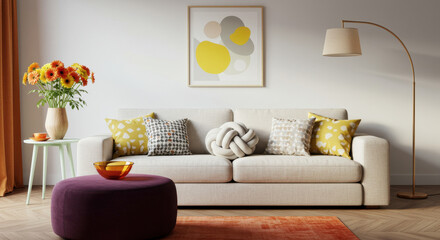 Cozy Living Room: Beige Sofa, Modern Art, Yellow Accents, & Purple Ottoman | Bright & Airy Interior Design Ideas