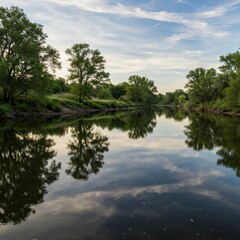 Fototapeta premium Serene River Reflection With Lush Green Trees