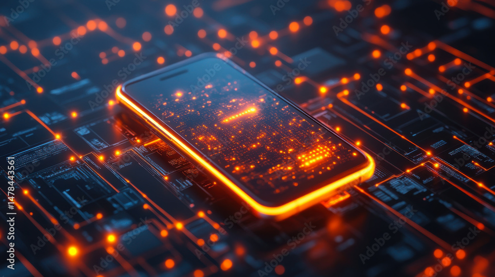 Poster smartphone with a glowing shield hovering above it, showing encrypted messages and secured data
