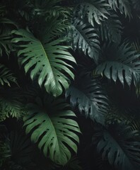 Fototapeta premium Intricate tropical leaf layering, deep shadows, elegant and mysterious design , fern, dark green, green