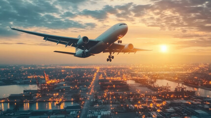 Cargo Plane Flying Over Industrial Area at Sunset.