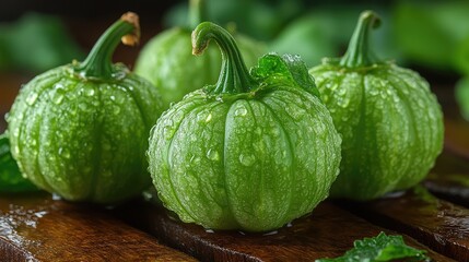 Fresh, vibrant green mini pumpkins, wet with water droplets, resting on a wooden surface