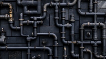 Intricate network of black pipes creating abstract industrial art installation