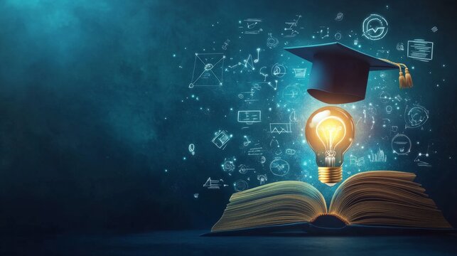 Knowledge and innovation idea, light bulb on book wearing graduation cap, digital math and science icons floating generative ai