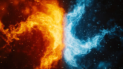 Fototapeta premium Clash of Ice and Fire Visual metaphor of ice and fire battling, symbolizing passion and introspection