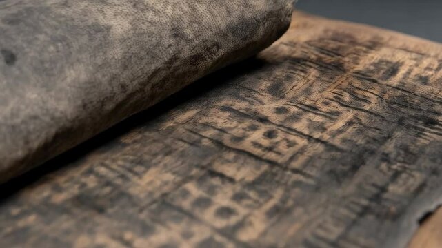 Close up on aged paper scroll resting on rustic wooden board with etched pattern design, old texture