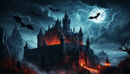 An imposing dark castle stands illuminated by moonlight and flashes of lightning at night