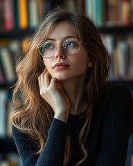 woman cupping chin with hand thoughtful pose library background medium shot