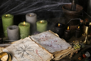 Witch's magic attributes with spell book and burning candles on dark wooden table