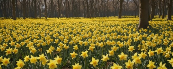 Obraz premium Thousands of daffodils in bloom, a sea of sunshine yellow petals , plant, landscape