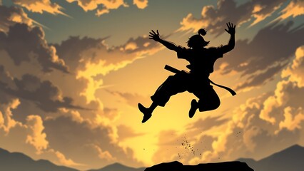 Joyful Warrior Silhouette Leaping from a Cliff