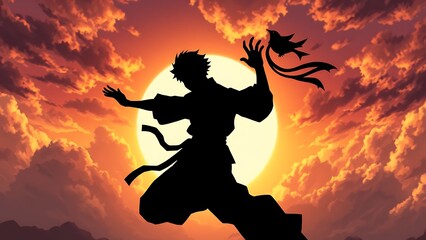 Warrior and Bird Silhouette Against a Fiery Sun